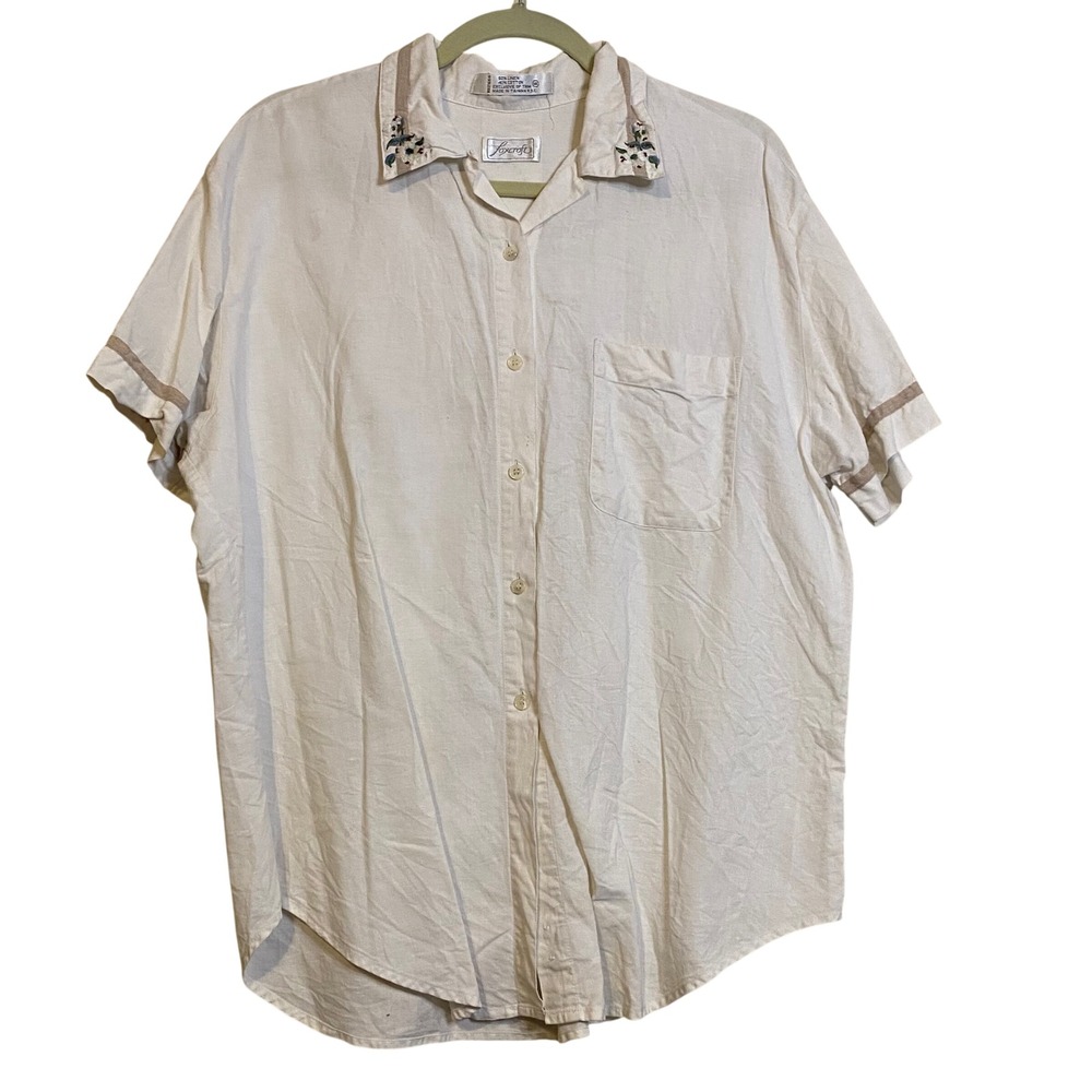 Foxcroft Vintage Linen Blend Embroidered Floral Button Down Shirt White Size 16